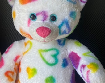 Super cute build a bear plush. Love hearts. Heart. Teddy bears. Rainbow colours. Plushie rescues. Soft toys. Plushies. Toy. Gifts.