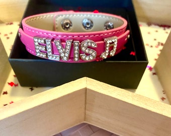 Handmade pink faux leather cuff bracelet with Elvis name and a music note in rhinestone letters. Unique ladies gifts. Jewellery.