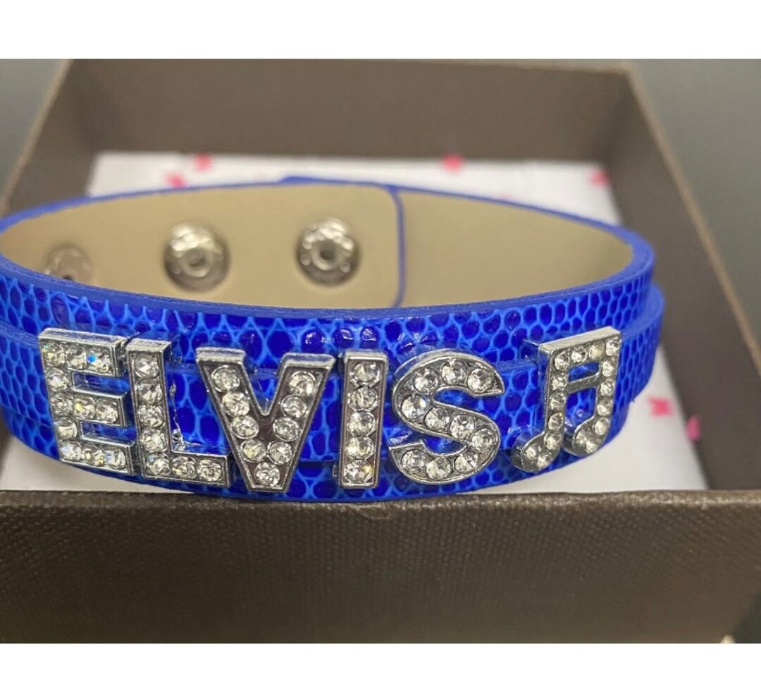 Handmade Blue Faux Leather Cuff Bracelet With Elvis Name and a Music Note in Rhinestone Letters