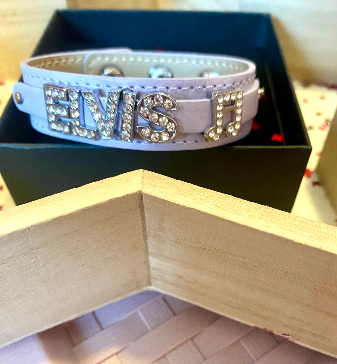 Handmade Lilac Faux Leather Cuff Bracelet With Elvis Name and a Music Note in Rhinestone Letters