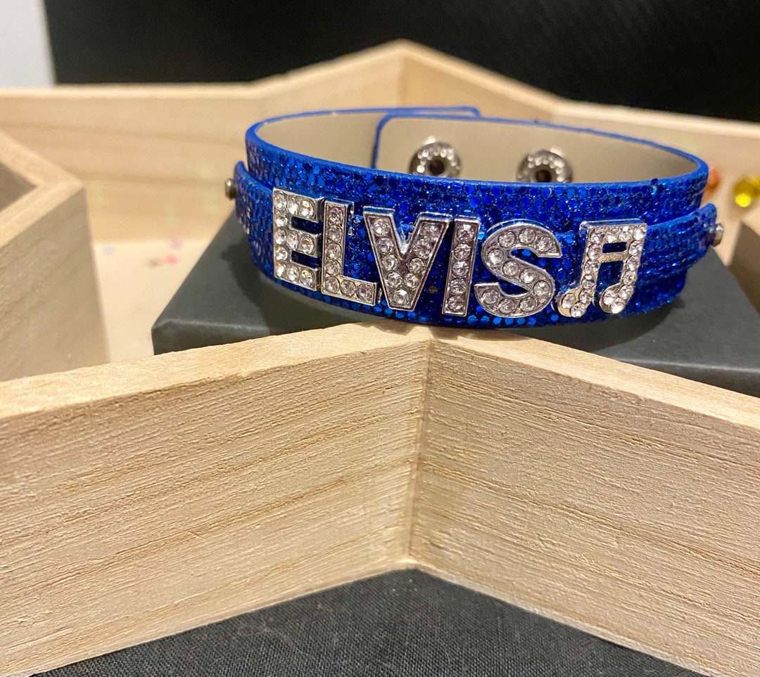 Handmade Blue Glitter Faux Leather Cuff Bracelet With Elvis Name and a Music Note in Rhinestone