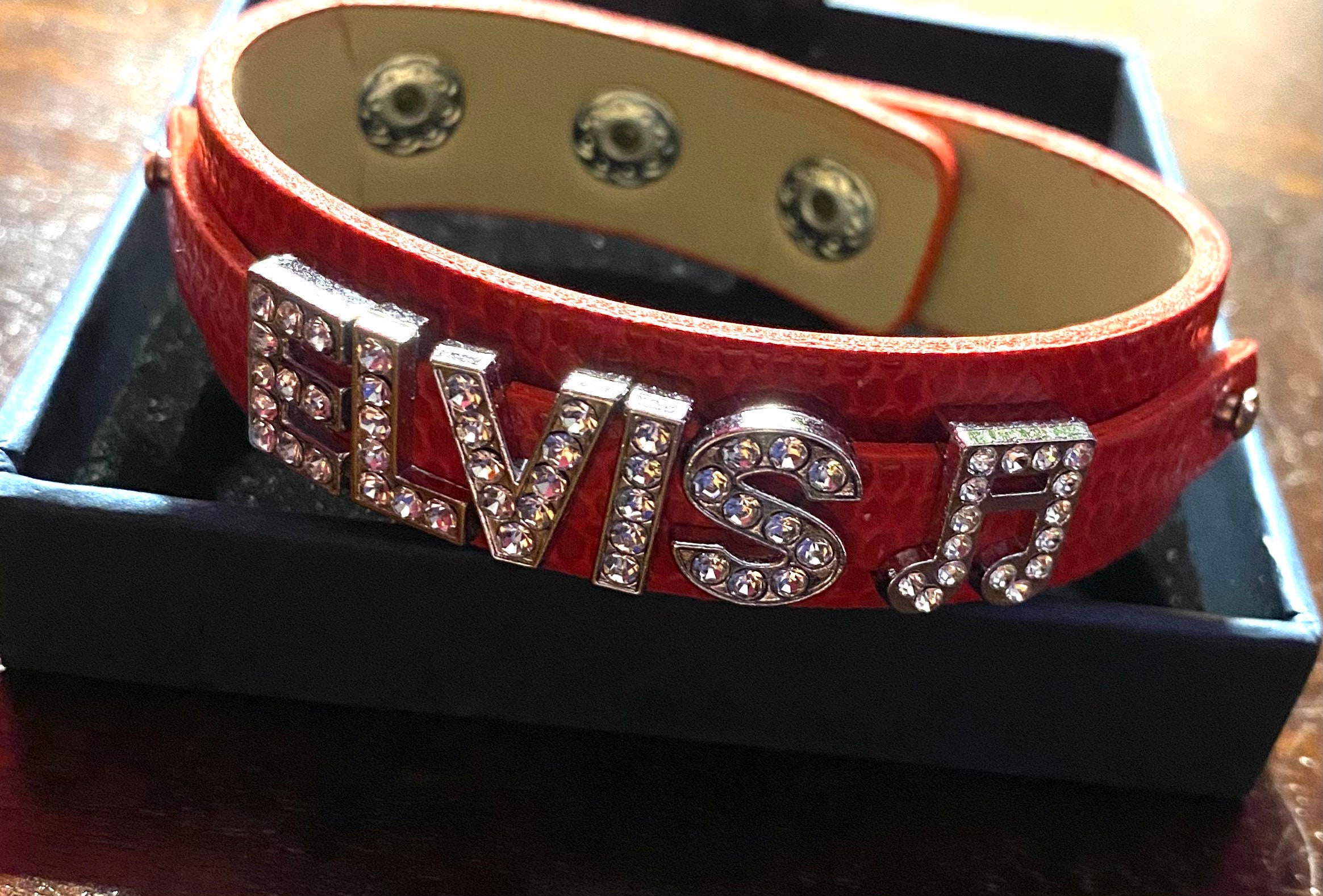 Handmade Red faux leather ELVIS cuff bracelet with music note Etsy