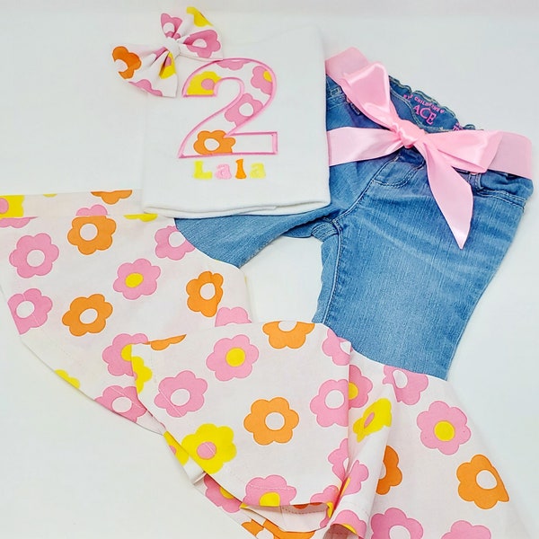 Two Cute Groovy Embroidered Shirt or One Piece and Two Cute Groovy Flare Bell Bottoms Jeans Birthday Outfit Set For Toddler or Baby