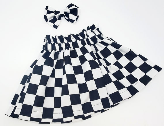 Girls Baby Toddler Youth Cotton Black White Checkered Skirt With Nylon Bow Etsy