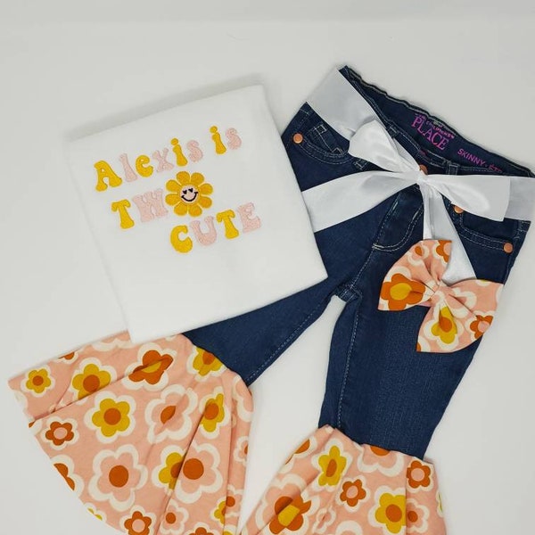 Two Cute Groovy Embroidered Shirt or One Piece and Two Cute Groovy Flare Bell Bottoms Jeans Birthday Outfit Set For Toddler or Baby