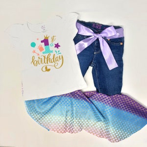 Mermaid Birthday Outfit, Girls Mermaid 1st Birthday, Mermaid Bell Bottom Outfit, Girl Birthday Outfit, Mermaid Scale Birthday Outfit