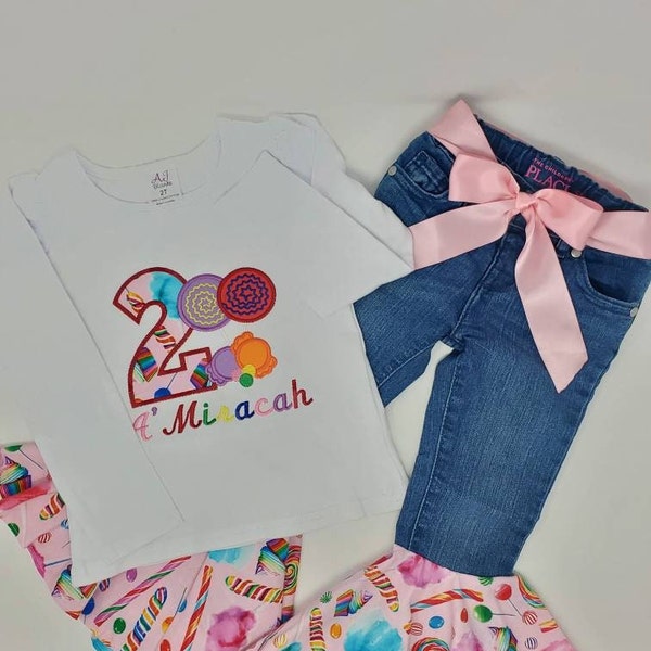2nd Birthday Outfit, Two Sweet Birthday, Girls Birthday Outfit, Bell Bottoms And Shirt, Custom Girls Shirt, Flare Pants , Candy Birthday