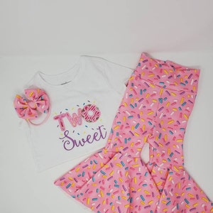 Two Sweet BIRTHDAY, DONUT SHIRT, Sprinkles Shirt, Toddler Bell Bottoms, Two Birthday Shirt, Personalized Flare Pants Birthday Outfit Set