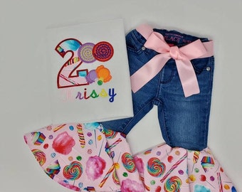 2nd Birthday Outfit, Two Sweet Birthday, Girls Birthday Outfit, Bell Bottoms And Shirt, Custom Girls Shirt, Flare Pants , Candy Birthday