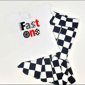 Fast One Birthday Girl Outfit 1st Birthday Black White Checker Outfit Girl Race Car Birthday Bell Bottom Outfit