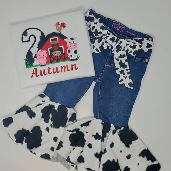 Farm Birthday Outfit, Girls Barnyard Second Birthday, Farm Outfit, Girl Birthday Outfit, Barn Birthday Outfit, Cow Flare Bell Bottoms Jeans
