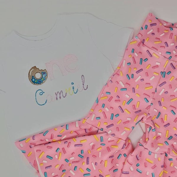 Sweet One Donut Embroidered Shirt or One Piece and Donut Sprinkle Flare Bell Bottoms Birthday Outfit Set For Toddler or Baby