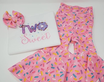 Two Sweet Donut Embroidered Shirt or One Piece and Donut Sprinkle Flare Bell Bottoms Birthday Outfit Set For Toddler or Baby