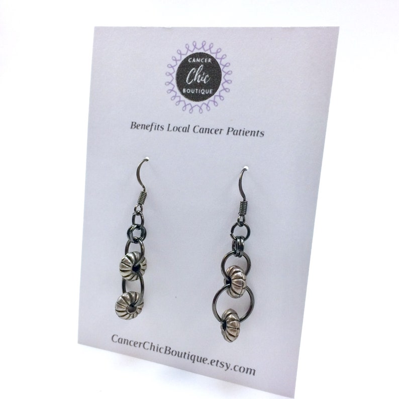 Lightweight Handmade Gunmetal Round Jump Rings with Matte Silver Donut Beads Chain Mail Earrings; Dangle Drop Ear Wire