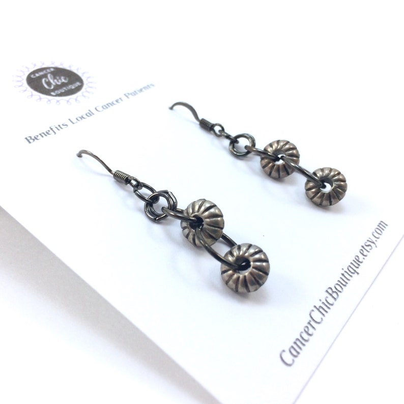 Lightweight Handmade Gunmetal Round Jump Rings with Matte Silver Donut Beads Chain Mail Earrings; Dangle Drop Ear Wire
