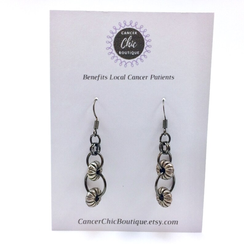 Lightweight Handmade Gunmetal Round Jump Rings with Matte Silver Donut Beads Chain Mail Earrings; Dangle Drop Ear Wire
