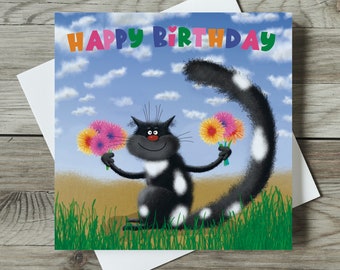 Alles Gute zum Geburtstag Grußkarte mit Katze und Blumen - Schwarz und weiße Katze - Domino