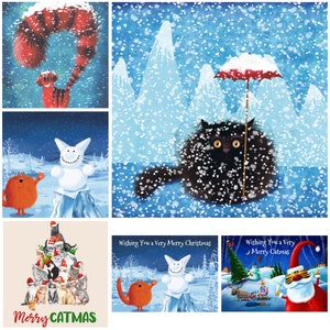 6 Selection Pack of Funny Whimsical Humorous Cat Lover Art Cards Card Quirky Cat Cute Cards for Cat Owners Christmas Xmas Blank Variety