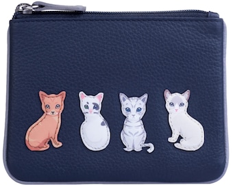 Leather Best Friends Sitting Cats Coin and Card Purse Blue, Wallet, Cat Lover, Coin, Card and ID Holder, RFID protection, Pouch
