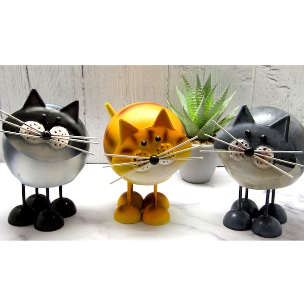 Lot de 3 décorations de chat en métal gris, noir et gingembre, figurine de chat de jardin, décorations de chat en canette pour la maison et le jardin, cadeau mignon pour les amoureux des chats