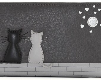 Leather Midnight Cats Medium Bifold Purse Grey, Coin and Card Holder, Wallet, Cat Lover, ID Holder