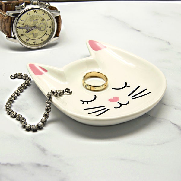 Cat Face Trinket Dish Ring Holder Ceramic Jewellery Tray Cute Cat Lover Gift For Her Women Girls