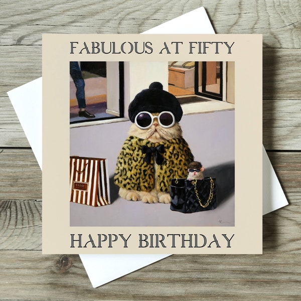 50 and Fabulous Cat Lover Funny Fifty Birthday Card, Wife, Sister, Woman, Happy 50th Birthday, Fiftieth Crazy Cat Lady Illustration Card