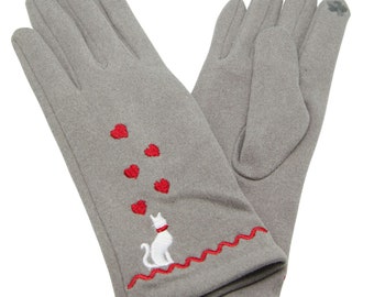 Ladies Gloves with Cats, Grey Cat Gloves, Touch Screen Gloves, Perfect Crazy Cat Lady Gift and Gifts for Cat Lover