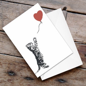 Cat with Balloon Banksy Inspired Cat Card, Cat Lover Card, Cute Kitten Card, Cat Lady Card, Valentine Cat Card,Anniversary Cat Greeting Card