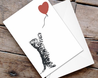 Cat with Balloon Banksy Inspired Cat Card, Cat Lover Card, Cute Kitten Card, Cat Lady Card, Valentine Cat Card,Anniversary Cat Greeting Card