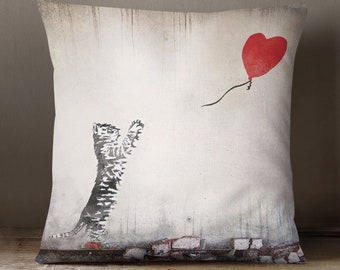 Cat with Balloon Banksy Inspired Cat Cushion, Cat Lover Cushion, Cat Print Pillow, 40 x 40 Cushion with Cat Design by Fabulous Felines®