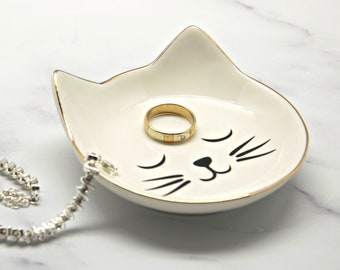 Cat Face Trinket Dish Ring Holder Ceramic White Gold Cute Kitten Head Jewellery Tray Cat Lover Gift For Her Women Girls