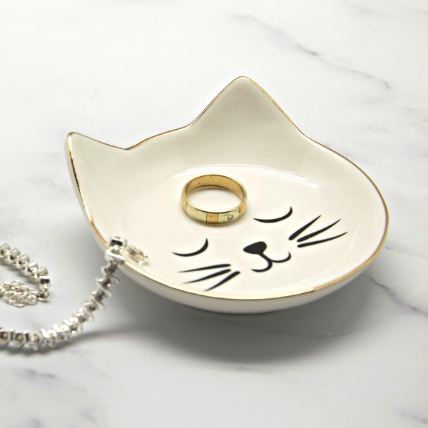 Porte-bagues tête de chat porte-bagues en céramique or blanc tête de chaton mignon plateau à bijoux cadeau pour amoureux des chats pour elle femmes filles
