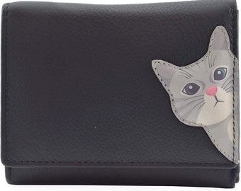 Leather Cleo the Cat Small Tri Fold Cat Purse Navy Blue Wallet for Cat Lover Grey Cat - RFID Protection