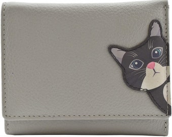 Portafoglio in pelle Cleo the Cat piccolo Tri Fold Cat Purse grigio per amante dei gatti Black Cat - Protezione RFID