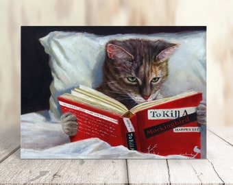 Cute Cat Lover Bookworm Card, Book Lover Greeting Card, Cat Fine Art Card, Whimsical Cat Card - Late Night Thriller by Lucia Heffernan Art