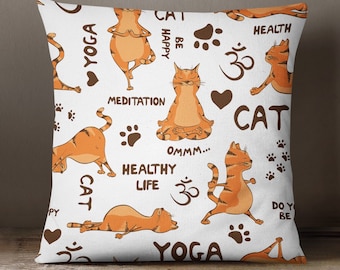 Ginger Yoga Cat Cushion, Cat Lover Cushion, Cat Print Pillow, 40 x 40 Handmade Cushion with Cat Design by Fabulous Felines®