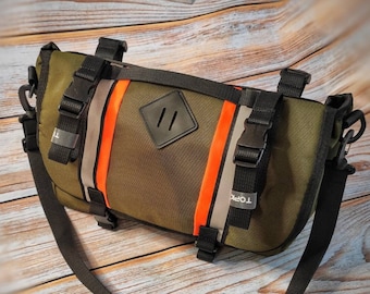 Handlebar bag cycling gear for ride trip. Bike bag. Bicycle gear. Bike accessory. Burrito bag bike. Gravel bike handlebar bag