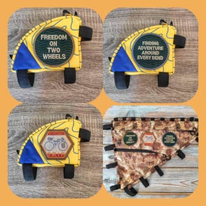Peut inclure: Quatre sacoches de guidon de v&eacute;lo jaunes et bleues avec diff&eacute;rents patchs brod&eacute;s. Les patchs disent "Freedom on Two Wheels", "Finding Adventure Around Every Bend", "Cycling Trip", et "Freedom on Two Wheels" et "Finding Adventure Around Every Bend".