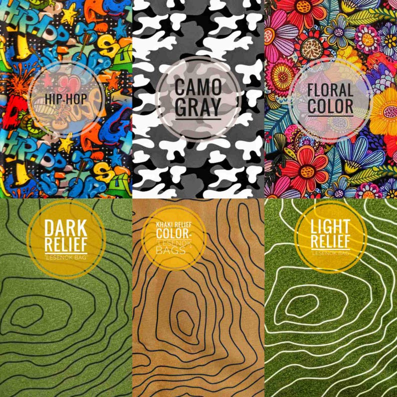 May include: A collage of fabric patterns. Includes graffiti art labeled "HIP-HOP", gray camouflage labeled "CAMO GRAY", and a floral design labeled "FLORAL COLOR". Also shown are topographic patterns labeled "DARK RELIEF", "KHAKI RELIEF COLOR", and "LIGHT RELIEF".