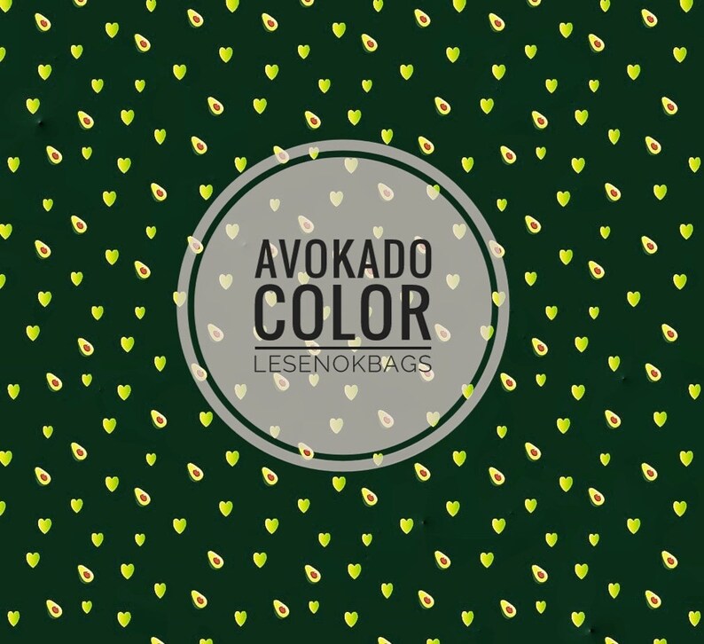 Pode incluir: Um fundo verde com um c&iacute;rculo branco contendo o texto "AVOKADO COLOR LESENOKBAGS". O fundo est&aacute; cheio de um padr&atilde;o repetitivo de metades de abacate verdes e cora&ccedil;&otilde;es verdes.