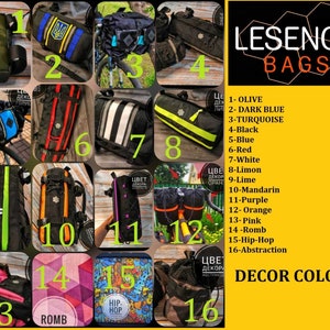 May include: A collage of bicycle bags in various colors and designs, including olive, dark blue, turquoise, black, red, white, lime, purple, orange, pink, and hip-hop patterns. The bags are displayed with the text "LESENOK BAGS" and "DECOR COLOR!"