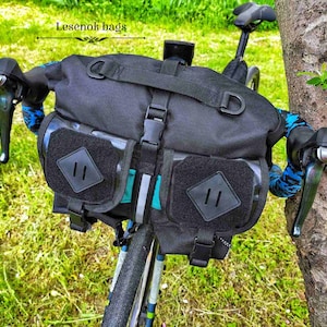 Handlebar bag -&quot;FILIN&quot; front bike bag(black + turquoise) bike bag cshoulder, sports bag, rolltop bike bag-Lesenok bag. Bike packing.