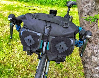Handlebar bag -"FILIN" front bike bag(black + turquoise) bike bag cshoulder, sports bag, rolltop bike bag-Lesenok bag. Bike packing.