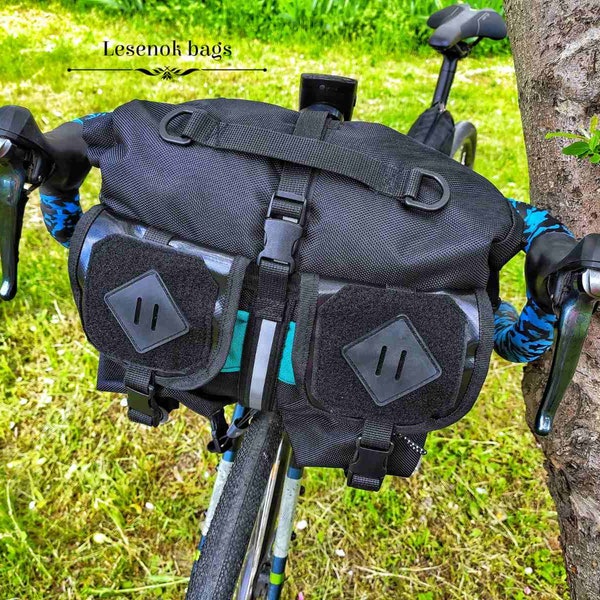 Handlebar bag -"FILIN" front bike bag(black + turquoise) bike bag cshoulder, sports bag, rolltop bike bag-Lesenok bag. Bike packing.