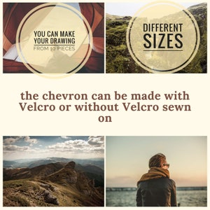 Peut inclure: Un collage d'images montrant un motif en chevron qui peut &ecirc;tre r&eacute;alis&eacute; avec ou sans Velcro. Le texte "You can make your drawing from 10 pieces" et "Different sizes" est inclus dans l'image.