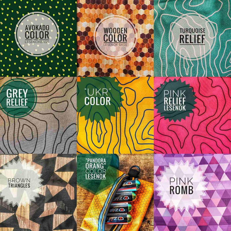 May include: A collage of fabric swatches with various patterns and colors. The swatches include avocado green with small dots, a wooden hexagon pattern, turquoise with white lines, grey with contour lines, yellow with black lines, pink with contour lines, brown triangles, a yellow and blue pouch with pens, and a purple diamond pattern. Each swatch has a label.