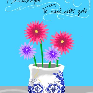 May include: A white ceramic vase with blue and gold floral designs and a crack running down the side. The vase is filled with three flowers: two pink flowers and one purple flower.