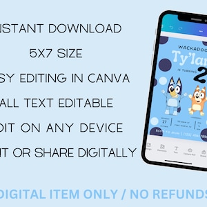 May include: A digital printable invitation for a 2nd birthday party featuring the characters from the show Bluey. The invitation is blue with white polka dots and features the text "Wackadoo Ty'lan is turning 2".