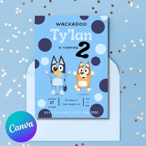 Bluey Birthday Party Invitation, Blue Bluey Invitation, Birthday Boy Blue Bluey Invitation, Canva Editable Bluey Invitation Template image 1